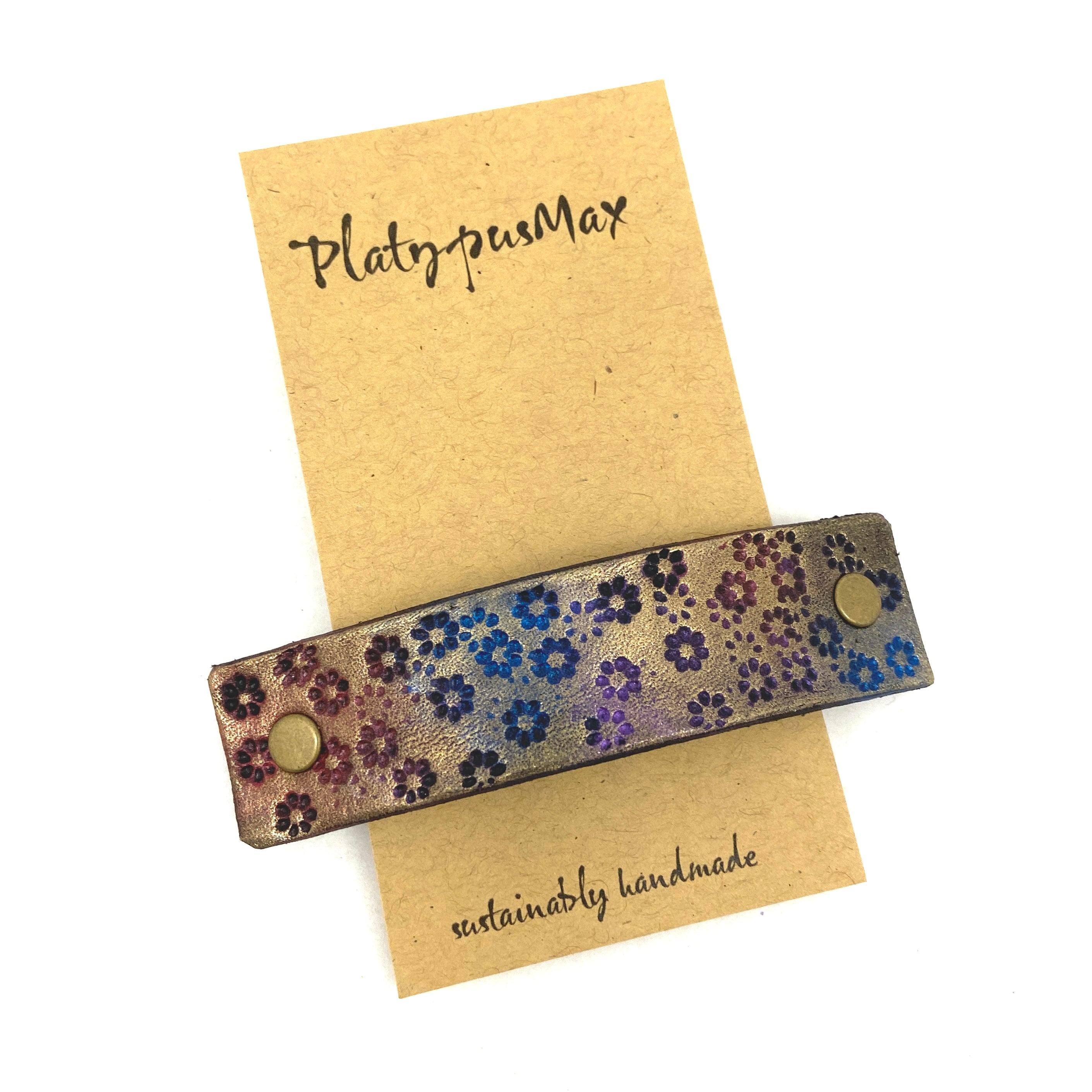 Wildflowers Rustic Stamped Leather Barrette Gold Pink Blue - Rosetta Creative Boutique